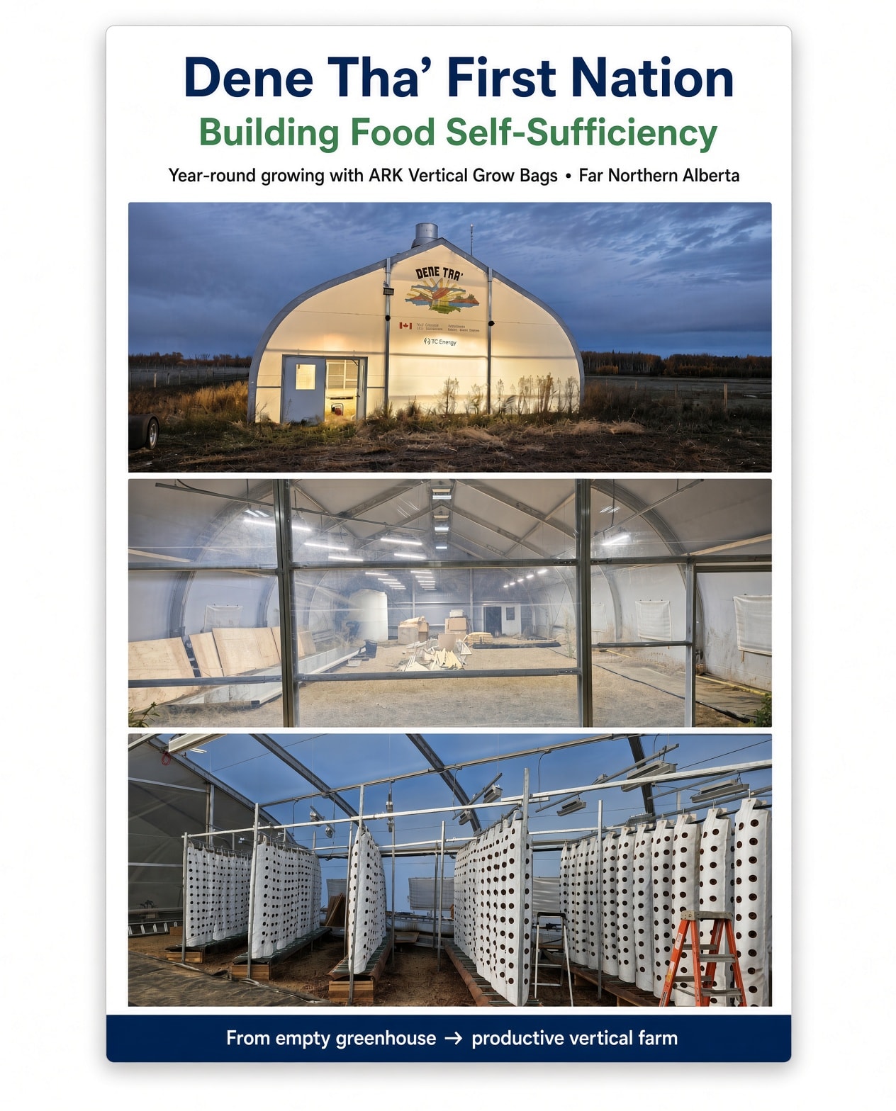 Dene Tha' First Nation — Building Food Self-Sufficiency; year-round growing with ARK Vertical Grow Bags in Far Northern Alberta. From empty greenhouse to productive vertical farm.