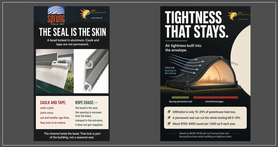 The Seal Is The Skin — Sprung bead-locked aluminum seal vs caulk and tape; Tightness That Stays — cold air bouncing off, infiltration only 10–20% of greenhouse heat loss, permanent seal cuts heating bill 5–15%, saving $100–$450 per 1,000 sq ft annually