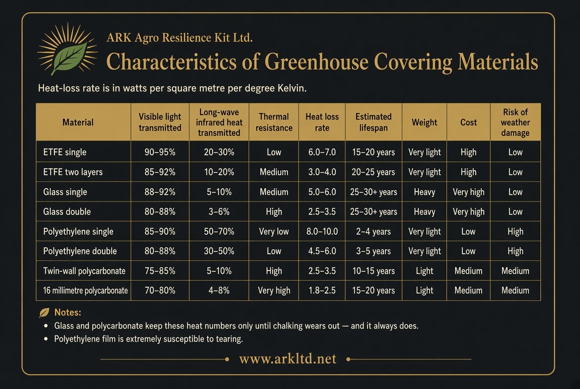 Characteristics of Greenhouse Covering Materials — comparison table of ETFE, glass, polyethylene, polycarbonate by heat loss, thermal resistance, lifespan, cost, and weather damage risk